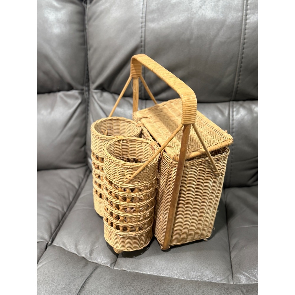 Vintage Rattan Wicker Picnic Basket Double‎ Drink Carrier Organizer Handle Lid